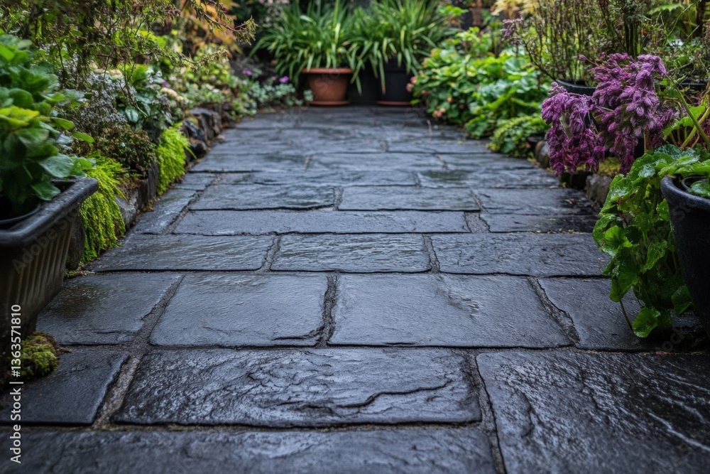 Clean stone patio surrounded by vibrant plants in a tranquil garden setting Generative AI Clean stone patio surrounded by vibrant plants in a tranquil garden setting Generative AI