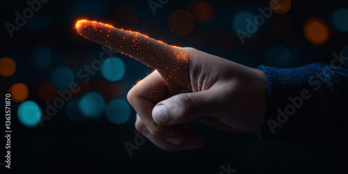 Hand pointing with digital fire effect and bokeh lights background