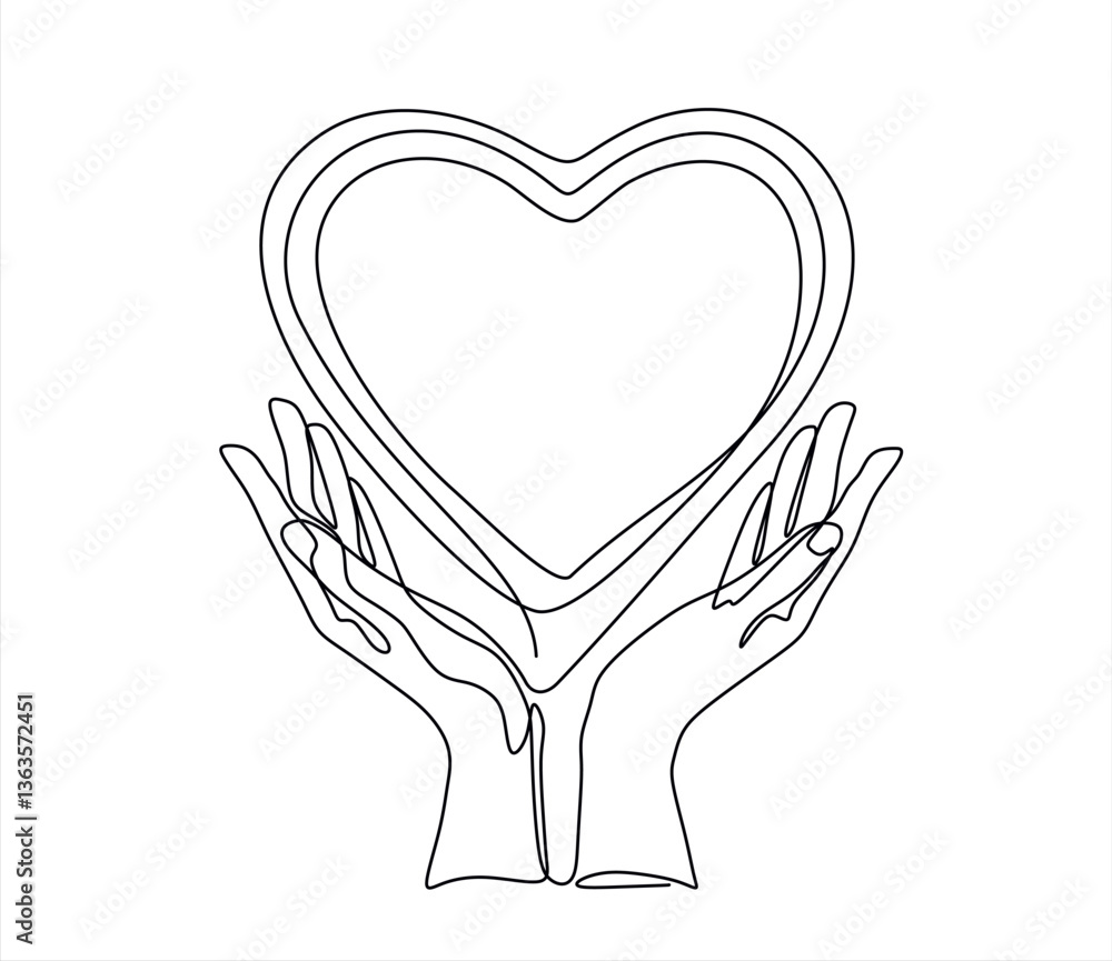 Continuous one line drawing hand holding heart. Charity donation linear symbol. Vector isolated on white. Editable stroke. Doodle vector illustration Continuous one line drawing hand holding heart. Charity donation linear symbol. Vector isolated on white. Editable stroke. Doodle vector illustration