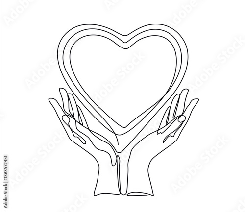 Continuous one line drawing hand holding heart. Charity donation linear symbol. Vector isolated on white. Editable stroke. Doodle vector illustration