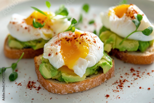 Breakfast toast with poached eggs and avocado.
