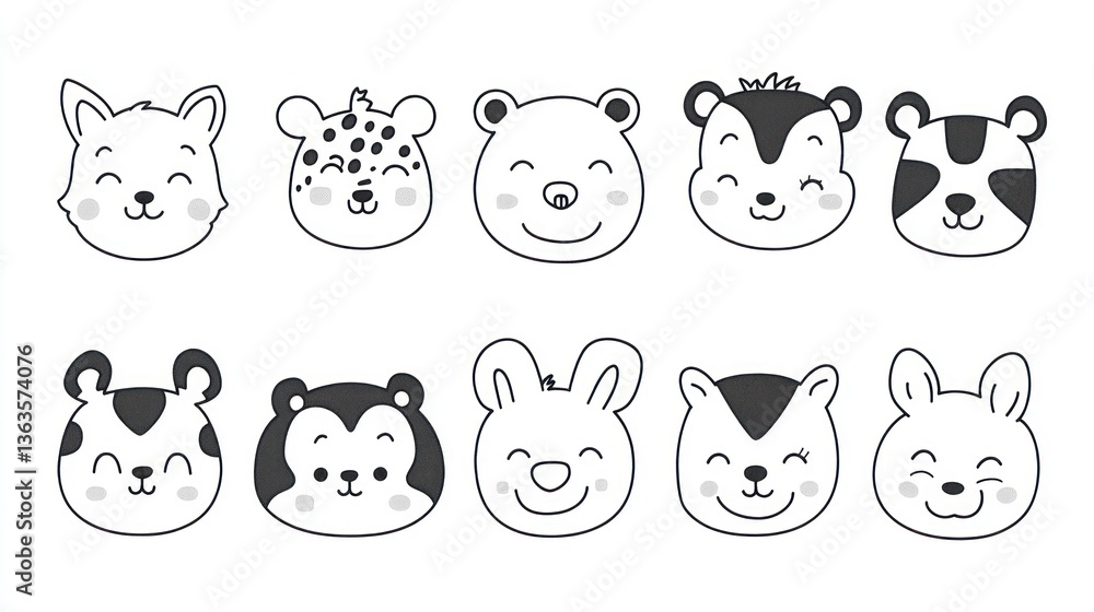 Cute animal faces, happy expressions, white background, children's illustration, ideal for kids' products Cute animal faces, happy expressions, white background, children's illustration, ideal for kids' products