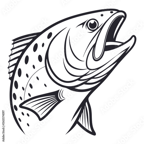 Illustrated trout fish breaching the water surface in black and white  