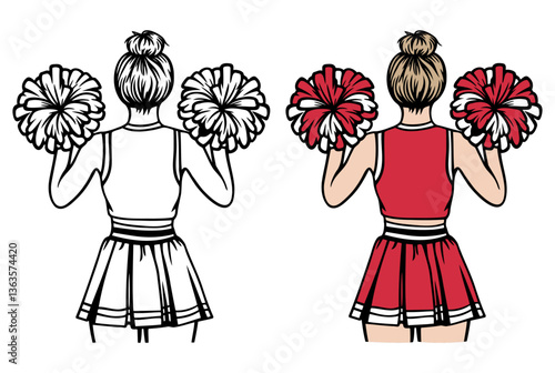 Cheerleader with pom-poms. Silhouettes of cheerleaders. Back View. Vector illustration