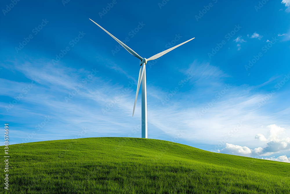 Wind turbine standing on a green hill is generating clean energy under a bright blue sky with some clouds, symbolizing sustainable development and renewable resources, copy space Wind turbine standing on a green hill is generating clean energy under a bright blue sky with some clouds, symbolizing sustainable development and renewable resources, copy space