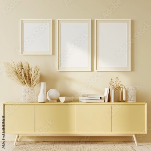 Yellow sideboard with framed mockups, pampas grass, and decor.