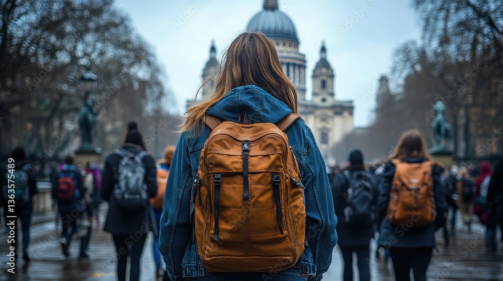 Woman with backpack facing cathedral in a city crowd. Woman with backpack facing cathedral in a city crowd.