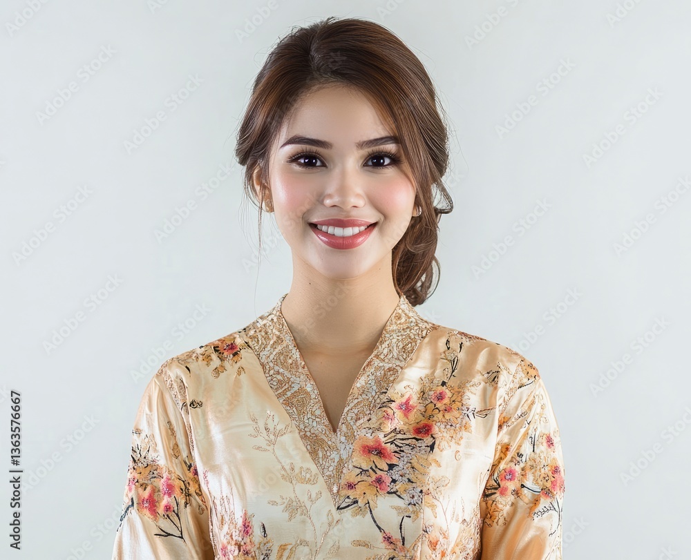 Smiling Woman in Floral Robe Portrait with a Natural Neutral Background Smiling Woman in Floral Robe Portrait with a Natural Neutral Background