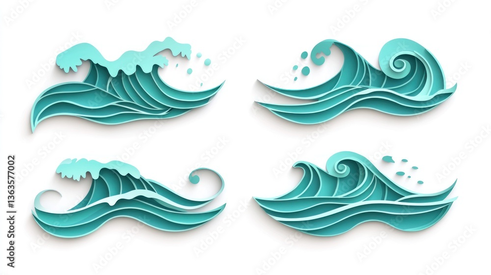 Four stylized ocean waves, paper cut design, white background, website design Four stylized ocean waves, paper cut design, white background, website design