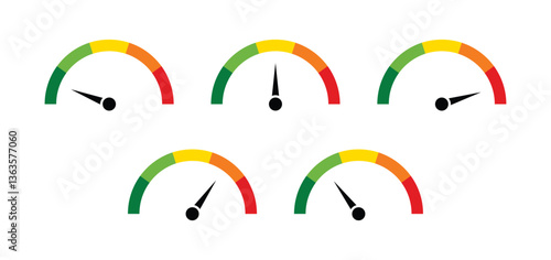 Speedometer icons with arrow. Dashboard with green, yellow and red indicators. tachometer. Low, medium, high and risk levels.
