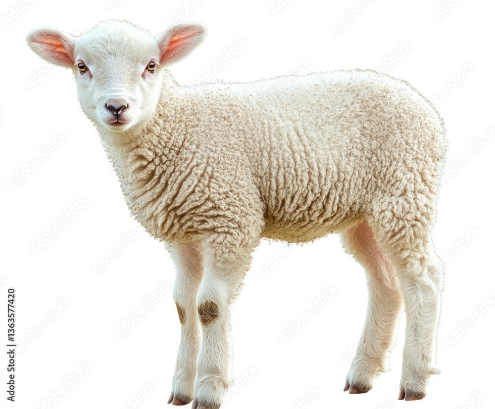 Fototapeta premium Adorable White Lamb Standing Isolated on White Background Stock Image