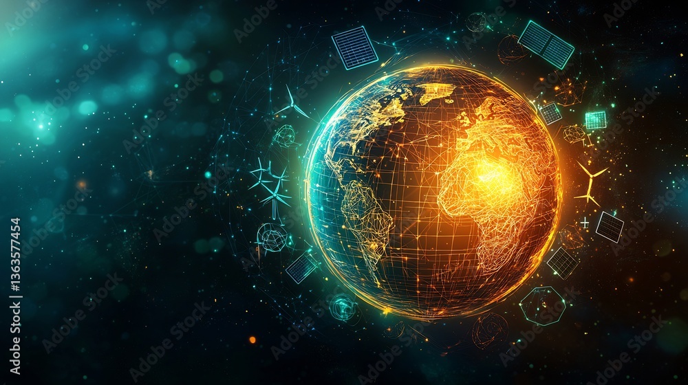 Obraz premium Glowing Earth with sustainable energy doodles wind turbines and solar panels forming a futuristic eco friendly concept ultra realistic
