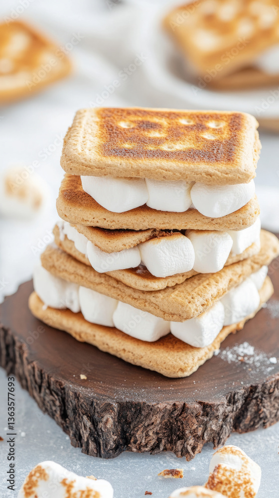 Delicious stack of toasted marshmallow s'mores on rustic wood for campfire treats and outdoor snacks Delicious stack of toasted marshmallow s'mores on rustic wood for campfire treats and outdoor snacks