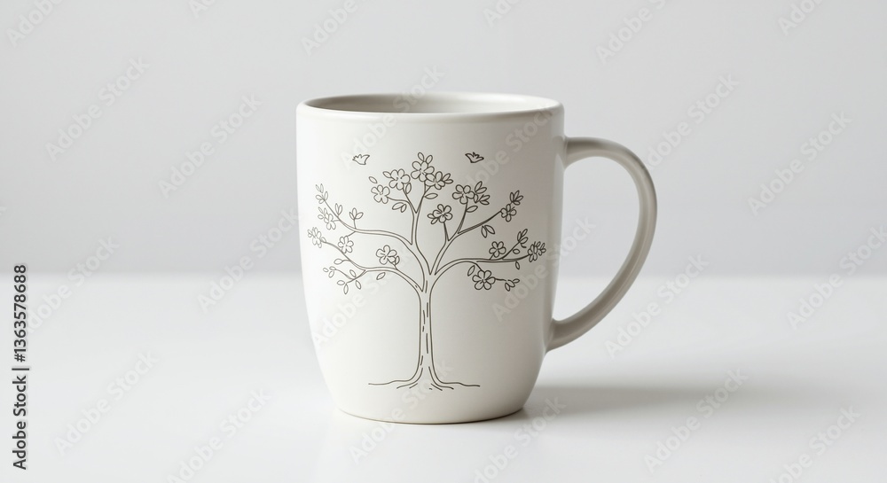 Obraz premium white ceramic mug with a tree and flowers illustration exuding a serene and peaceful ambiance showcasing nature's beauty against a soft gray backdrop