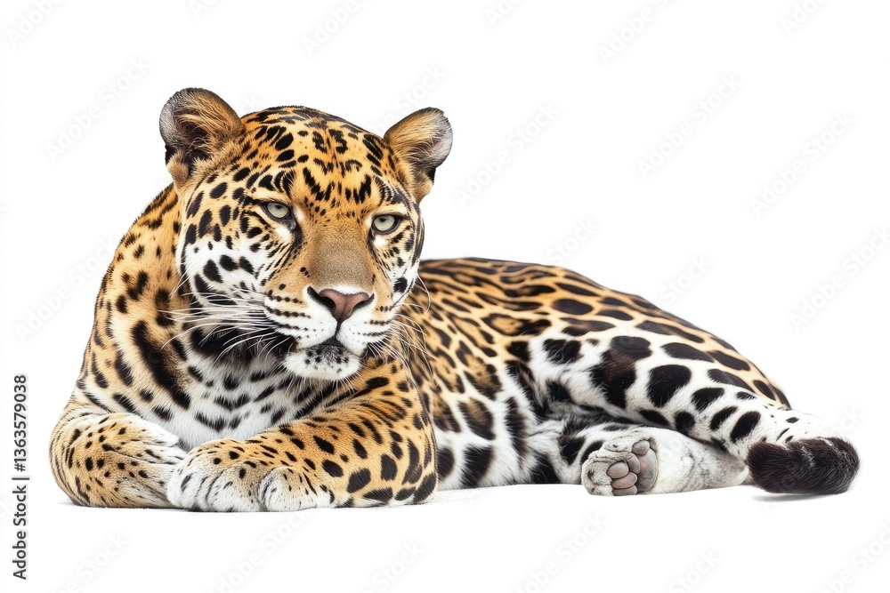 Resting Jaguar Portrait with Spotted Fur Isolated on White Background Resting Jaguar Portrait with Spotted Fur Isolated on White Background