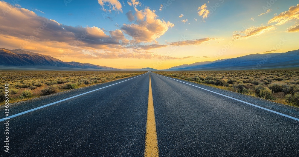 Naklejka premium Empty highway stretching into a golden sunset over a desert landscape