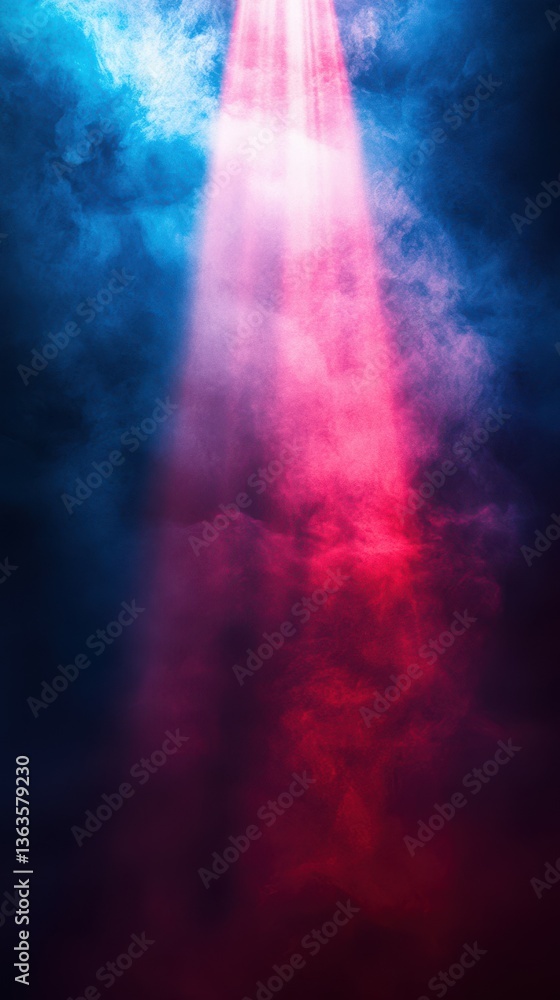 Fototapeta premium Colorful fog with illuminated beams creates a dramatic atmosphere in a dimly lit space