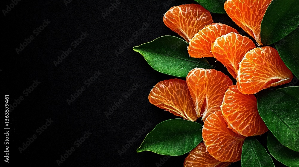 Obraz premium Orange cluster resting atop leafy plant on dark platform against black backdrop