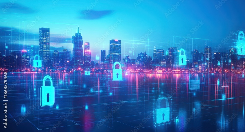A digital cityscape with illuminated padlock icons floating above, symbolizing security in the network environment concept conveys business activity and the threat of new cybercrime Generative AI A digital cityscape with illuminated padlock icons floating above, symbolizing security in the network environment concept conveys business activity and the threat of new cybercrime Generative AI