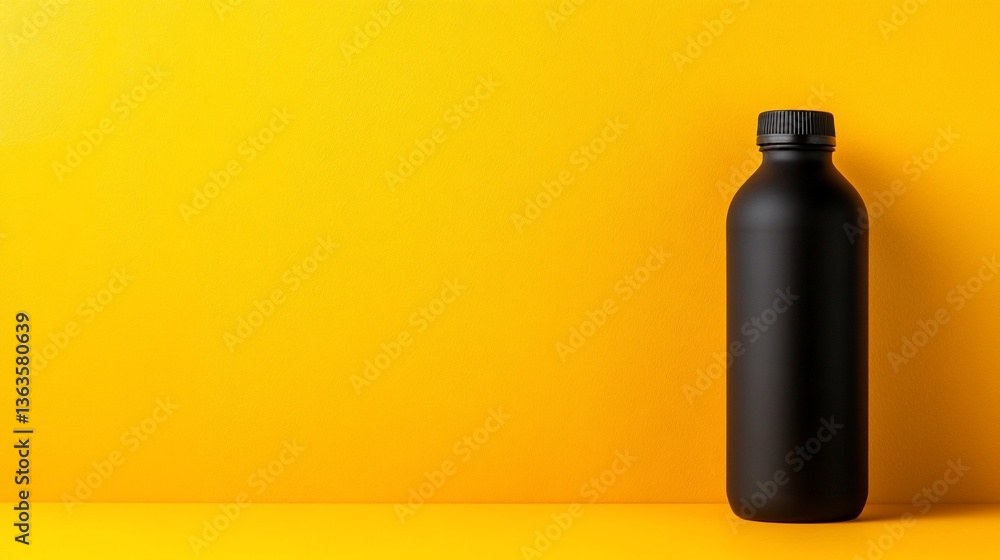 Black bottle on yellow. Minimalist, stylish, reusable and sustainable Black bottle on yellow. Minimalist, stylish, reusable and sustainable