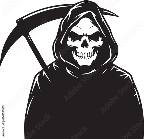 Grim Reaper, Death Symbol, Skeleton with Scythe, Horror Illustration, Dark Gothic Design