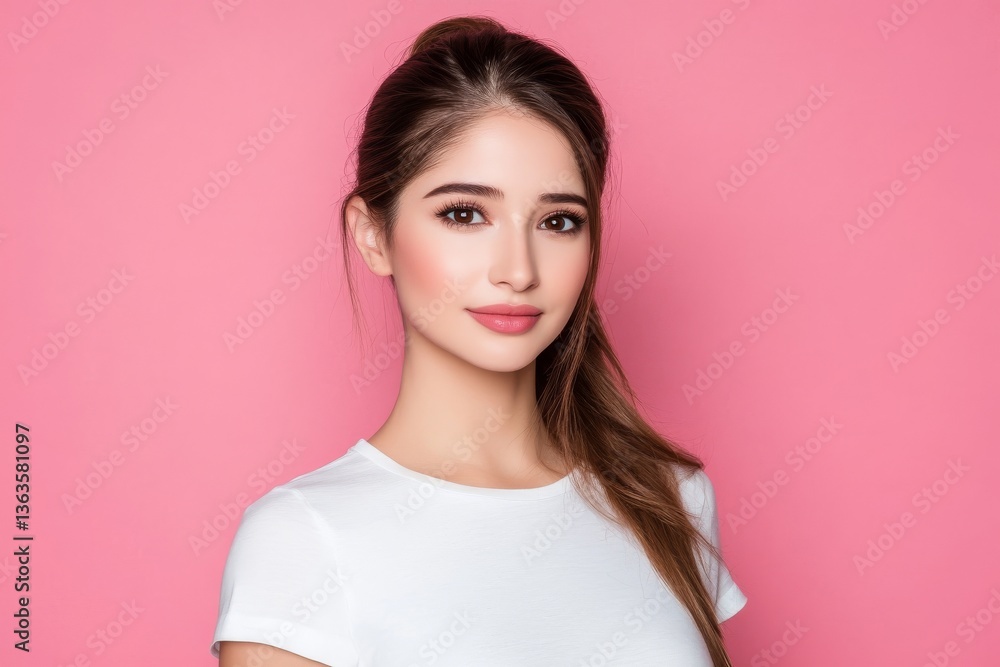 The image features a youthful girl with her hand near her face, highlighting her flawless skin, understated natural makeup, and pearly white teeth on a pastel pink backdrop The image features a youthful girl with her hand near her face, highlighting her flawless skin, understated natural makeup, and pearly white teeth on a pastel pink backdrop