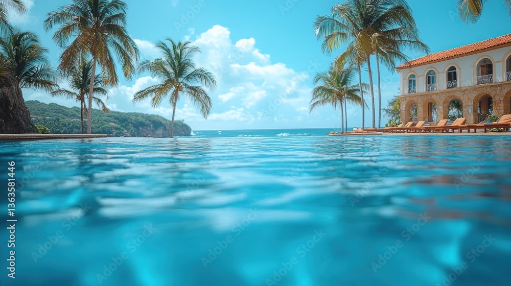 Fototapeta premium Tranquil pool scene with ocean view, palm trees, and luxurious resort.