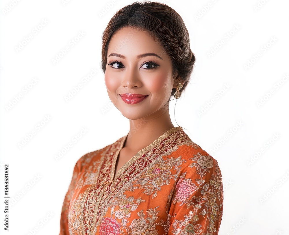 Portrait of Elegant Asian Woman Smiling in Traditional Orange Dress Portrait of Elegant Asian Woman Smiling in Traditional Orange Dress