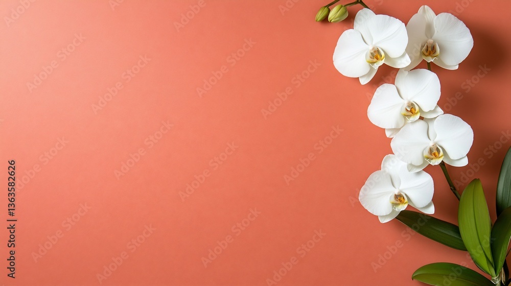 Fototapeta premium Blooming white orchid flowers against a warm coral background