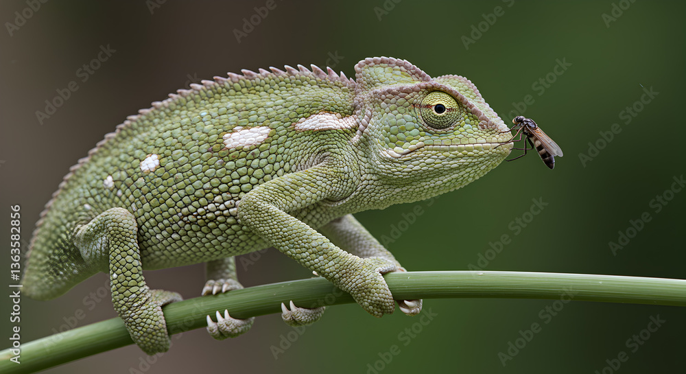 Fototapeta premium Focused Chameleon Capturing Insect with Sharp Eye Vision on Green Plant Stem