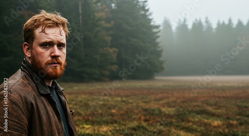 Redhead Man in Brown Leather Jacket, Autumnal Forest Background, Melancholy Portrait Photography