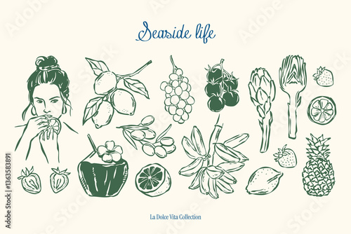 Minimal sketch style vector illustration collection. Food and beverages doodles. Art for postcards, print posters, packaging design.