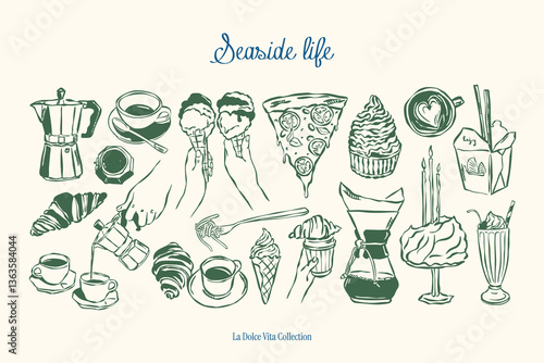Minimal sketch style vector illustration collection. Food and beverages doodles. Art for postcards, print posters, packaging design.