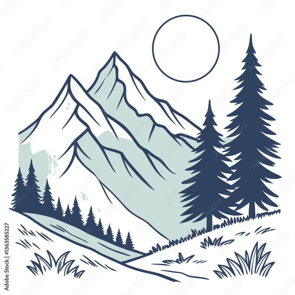 Fototapeta premium Mountain landscape with pine trees and sun in a graphic style 