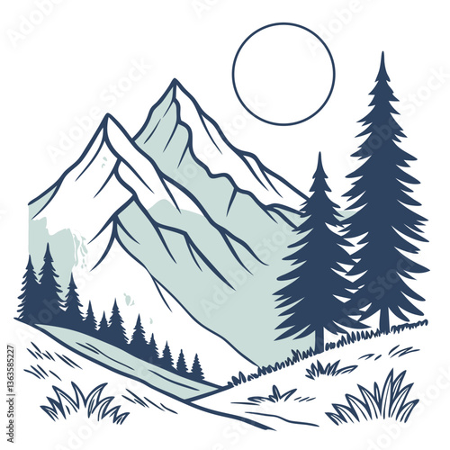 Mountain landscape with pine trees and sun in a graphic style  