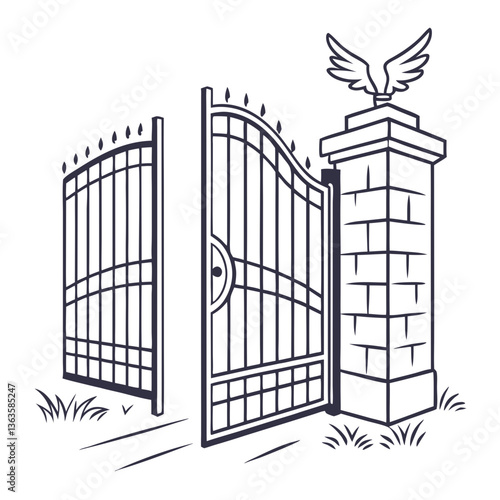  Open gate with angel wings design for memorial visuals, spiritual artwork, religious blog content, and symbolic graphics about afterlife or heaven