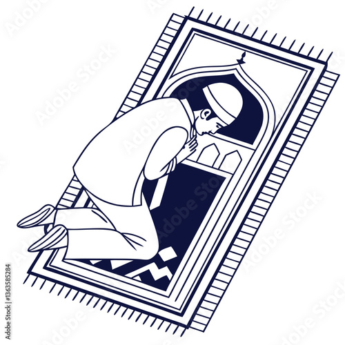 Man praying on a prayer rug in front of a window  