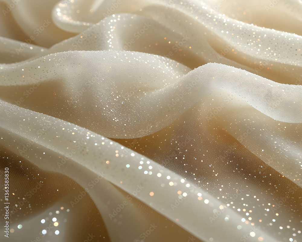 Shimmering cream fabric drapes with light-catching specks, soft folds and subtle glow Shimmering cream fabric drapes with light-catching specks, soft folds and subtle glow