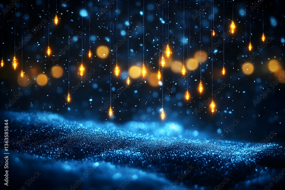 Obraz premium Shimmering blue terrain with glowing lights falling in background