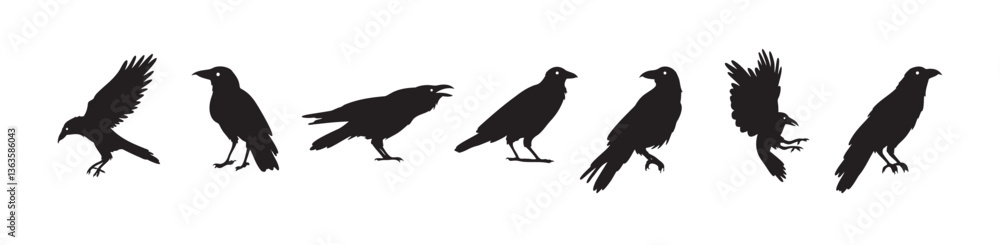 Crow isolated black silhouette set. Crows, raven halloween Dark birds icon clipart Crow isolated black silhouette set. Crows, raven halloween Dark birds icon clipart