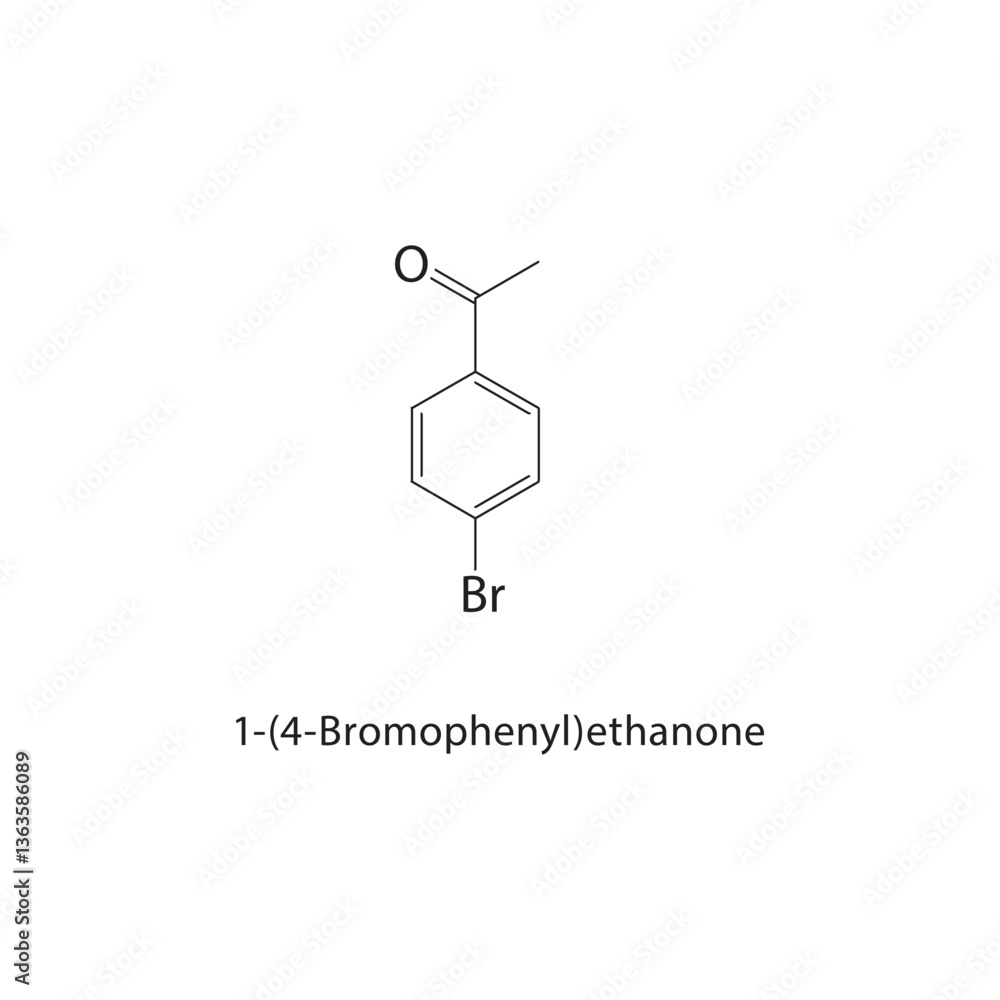 1-(4-Bromophenyl)ethanone skeletal structure. Halogenated ketone compound schematic illustration. Simple diagram, chemical formula. 1-(4-Bromophenyl)ethanone skeletal structure. Halogenated ketone compound schematic illustration. Simple diagram, chemical formula.