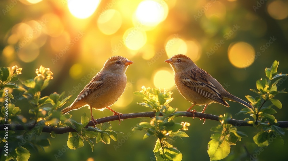 Obraz premium Two sparrows perched on a branch at sunset, facing each other.