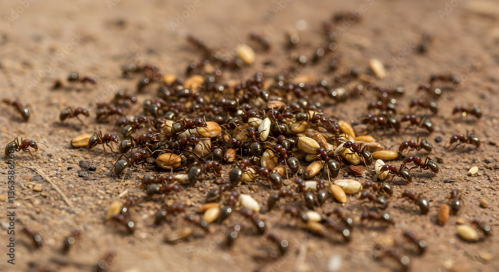 Harvester ants gathering and transporting grains and seeds for colony survival Harvester ants gathering and transporting grains and seeds for colony survival