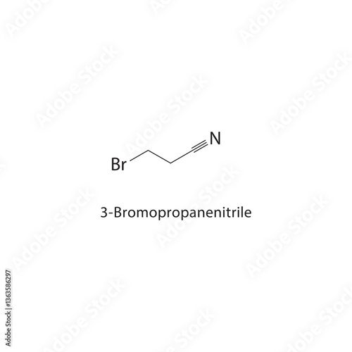 3-Bromopropanenitrile skeletal structure. Halogenated nitrile compound schematic illustration. Simple diagram, chemical formula.