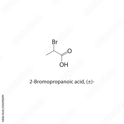 2-Bromopropanoic acid, (±)- skeletal structure. Halogenated carboxylic acid compound schematic illustration. Simple diagram, chemical formula.