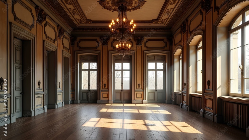 Obraz premium A charming room with a fireplace, inviting couches, and a beautiful chandelier providing ambient light