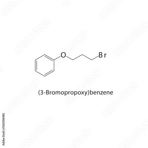 (3-Bromopropoxy)benzene skeletal structure. Halogenated aryl ether compound schematic illustration. Simple diagram, chemical formula.