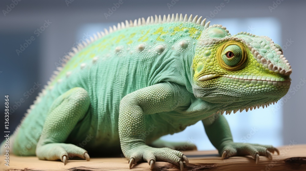 Obraz premium Close-Up of Vibrant Green Chameleon with Detailed Scales in Exotic Macro Wildlife Photography, Reptile, Skin Texture