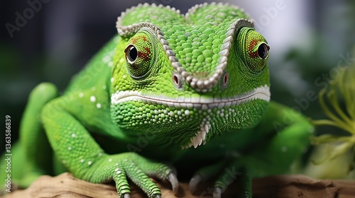 Close-Up of Vibrant Green Chameleon with Detailed Scales in Exotic Macro Wildlife Photography, Reptile, Skin Texture