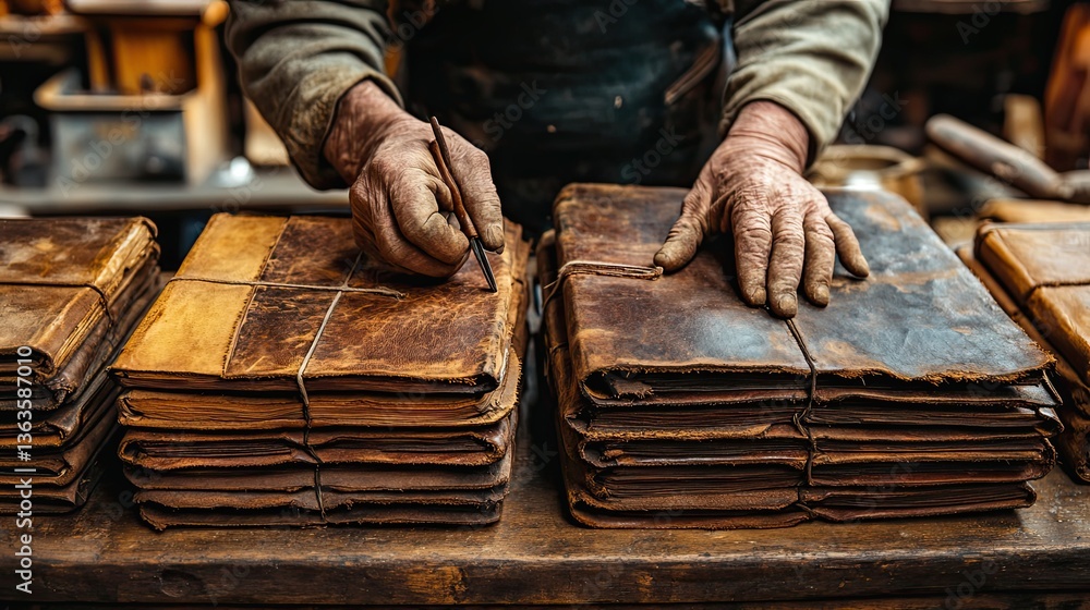 A person writing on aged leather bound book stacks A person writing on aged leather bound book stacks